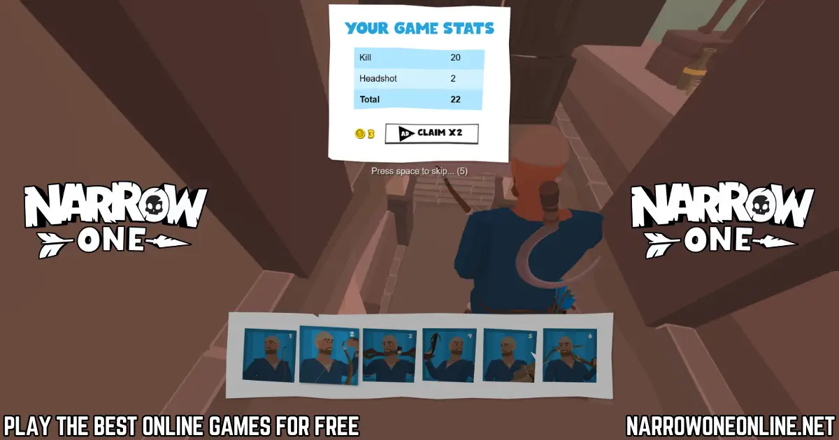 Narrow One game stats screen showing kills headshots and total score after battle