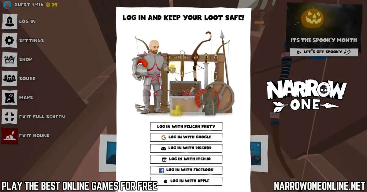 Narrow One login screen with Pelican Party, Google, Discord, and Facebook options to save loot safely