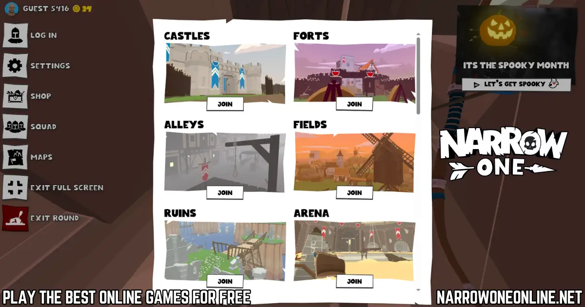 Narrow One maps selection screen showing castles forts alleys fields ruins and arena levels