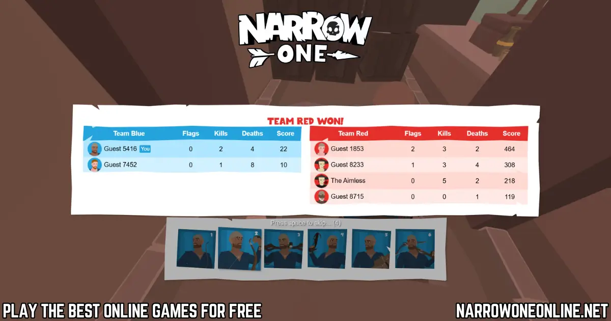 Narrow One scoreboard showing Team Red victory over Team Blue with flags kills deaths and scores