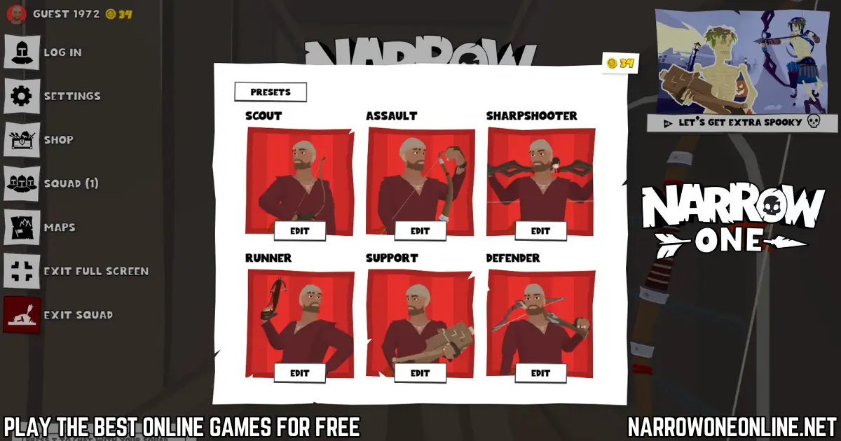 Narrow One character classes including scout, assault, sharpshooter, support, and defender