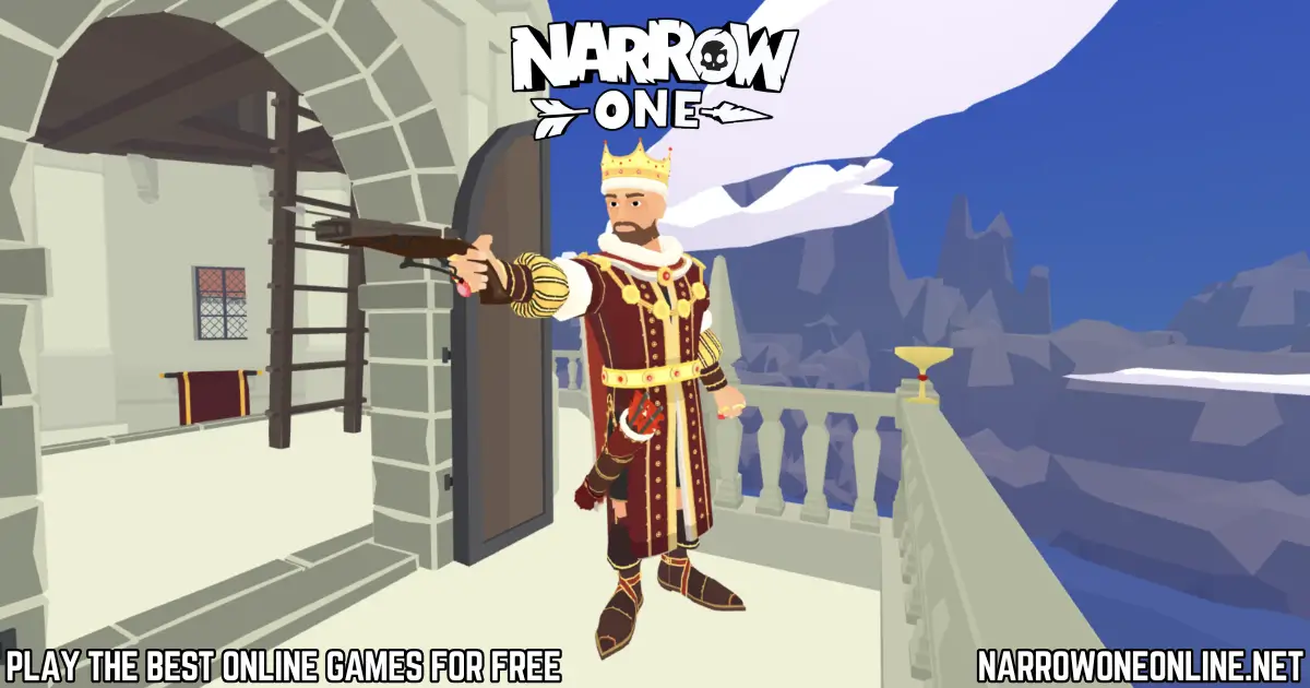 Narrow One king character standing on castle balcony with crossbow