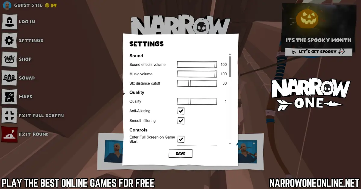 Narrow One settings menu showing sound and quality options